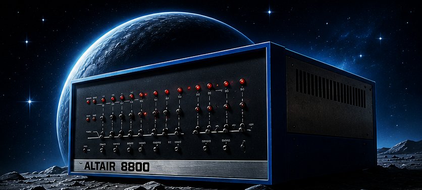 The Altair 8800 computer standing on a lunar surface with a blue planet behind it